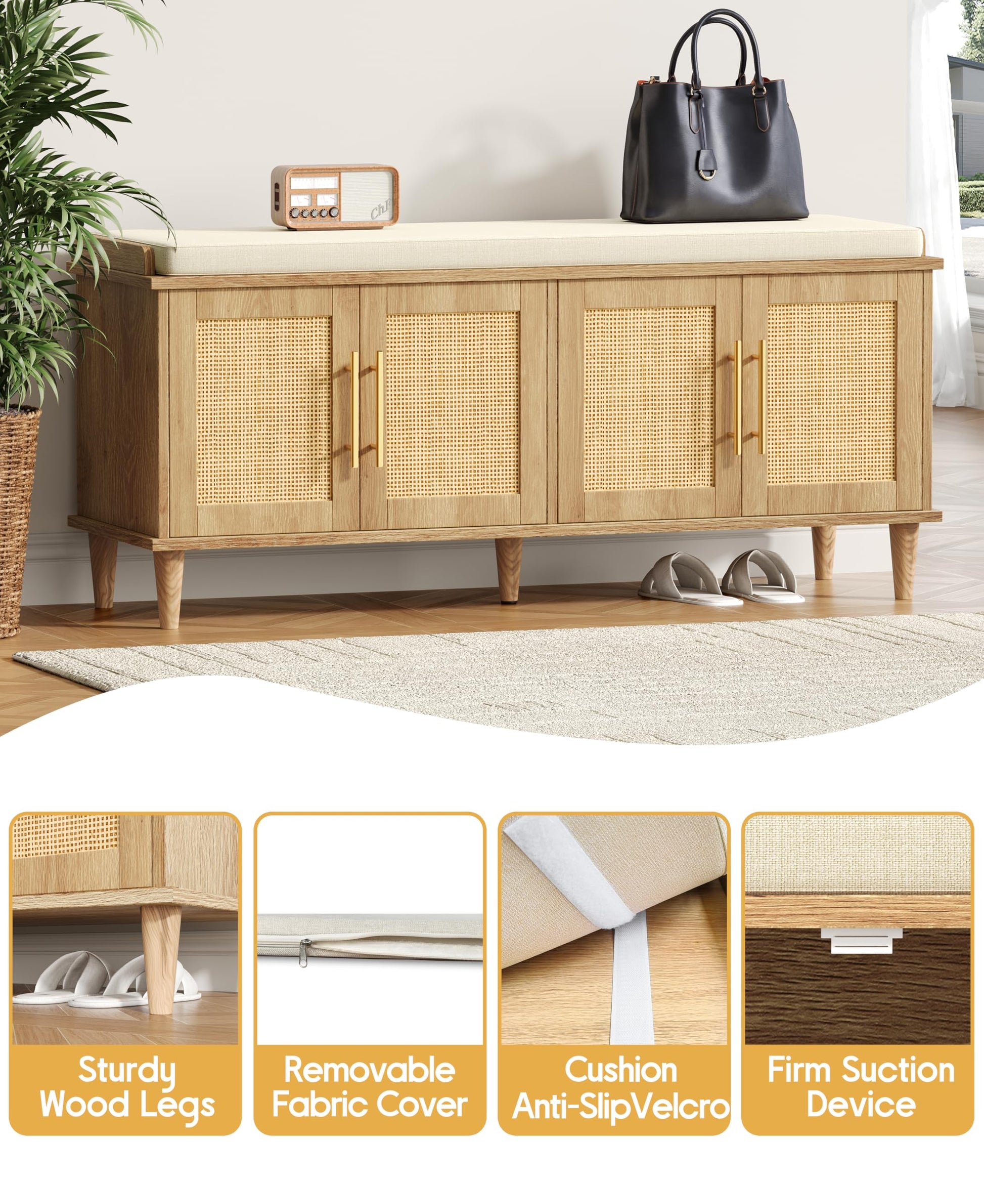 Akxomel 47.2" Rattan Shoe Storage Bench 4 Doors Wooden Entryway Bench Oak