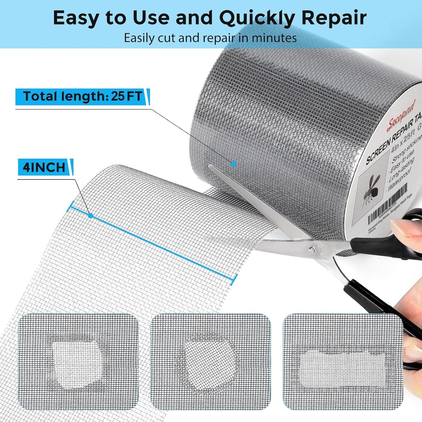 Grey Window Screen Repair Tape, 4IN X 25FT (300IN) Screen Repair Kit for Windows or Doors, Strong Adhesive Patch Kit Fiberglass Mesh Tape