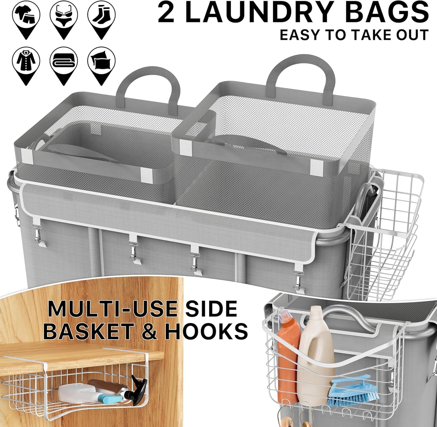 Simple Houseware Extra Large Rolling Laundry Cart – Heavy Duty Hamper with 2 Removable Bags & 6 Smooth Wheels – Commercial Laundry Organizer for Home, Hotel, Dorm, Gym, Gray