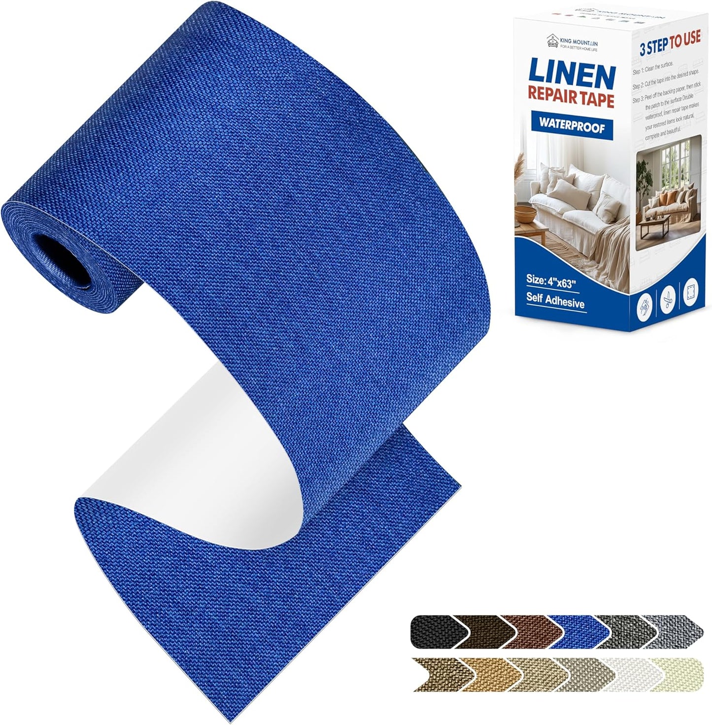 KING MOUNTAIN Linen Repair Patches, Self-Adhesive Fabric Patches, 4 X 63 inch Extra Size, Multi Color, Can be Used for Sofa Repair and Linen Clothes Repair (Navy Blue)