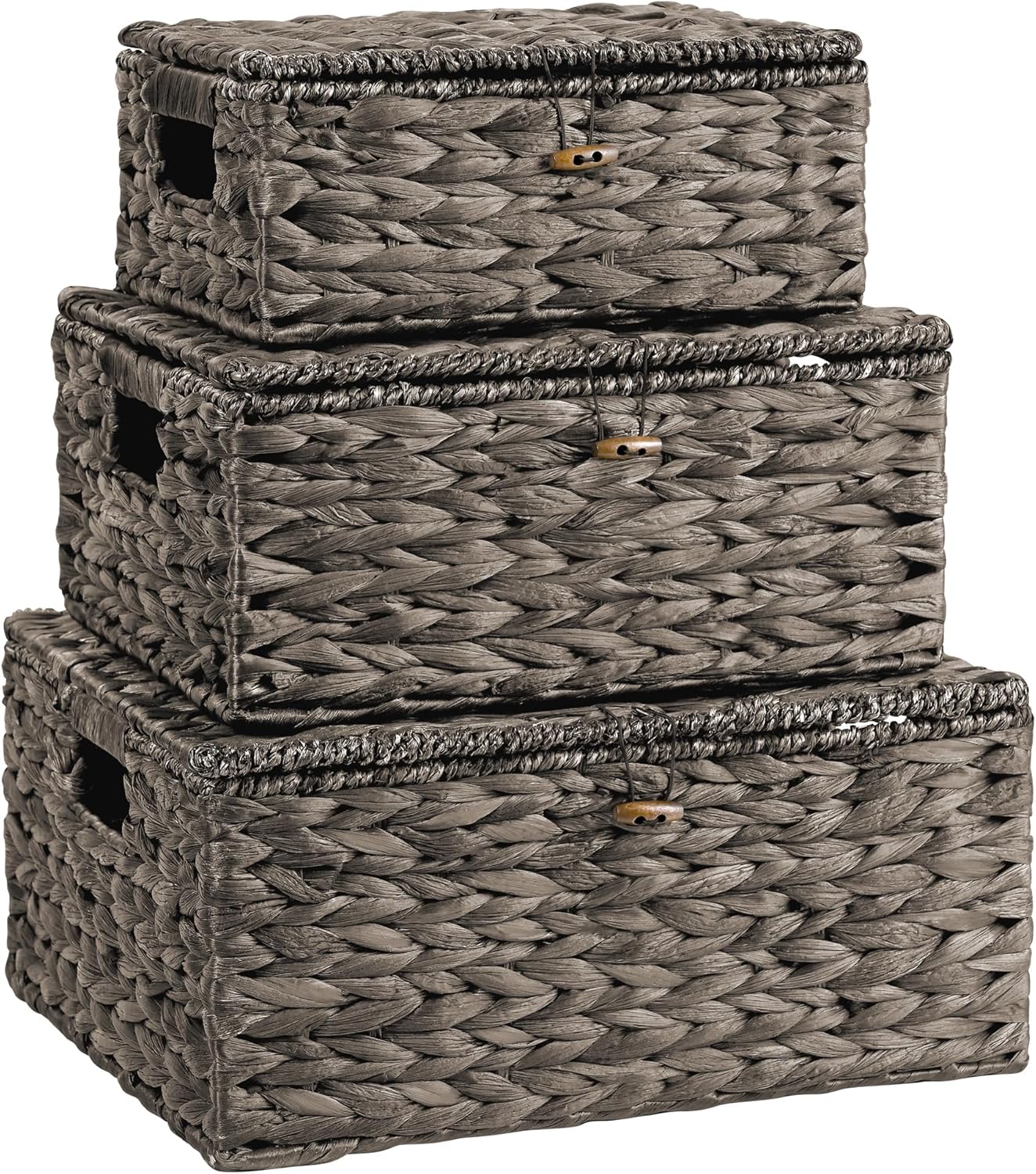 Wicker Storage Baskets with Lids and Handles, Hand Woven Rattan Storage Bins Box, Set 3 Black Water Hyacinth Decorative Large Small Basket Container for Shelves, Bathroom Organizing