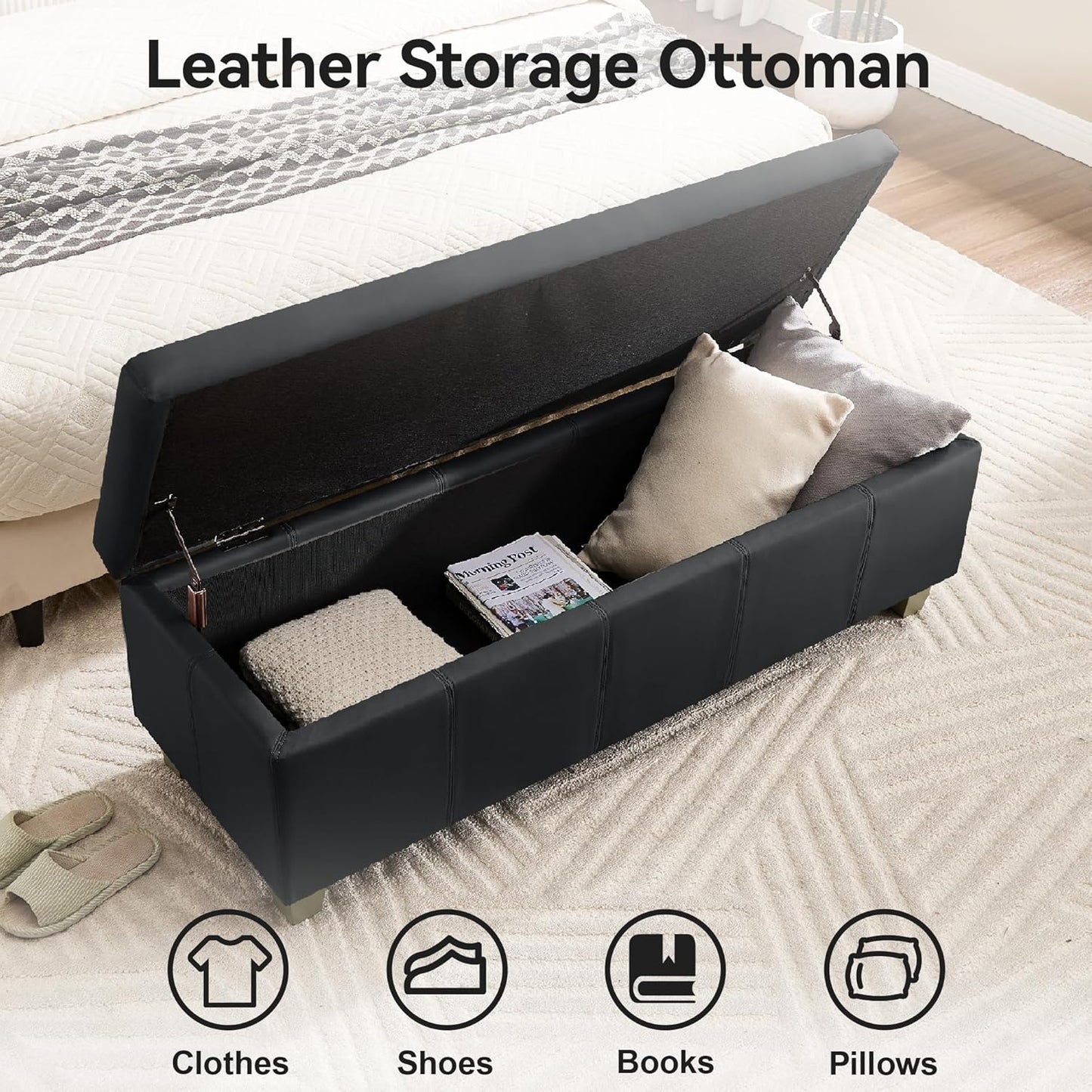 41" Faux Leather Storage Ottoman, Stitch Tufted Rectangle Upholstered End of Bed Storage Bench, Entryway Large Couch Ottoman with Wooden Legs, Dark Black