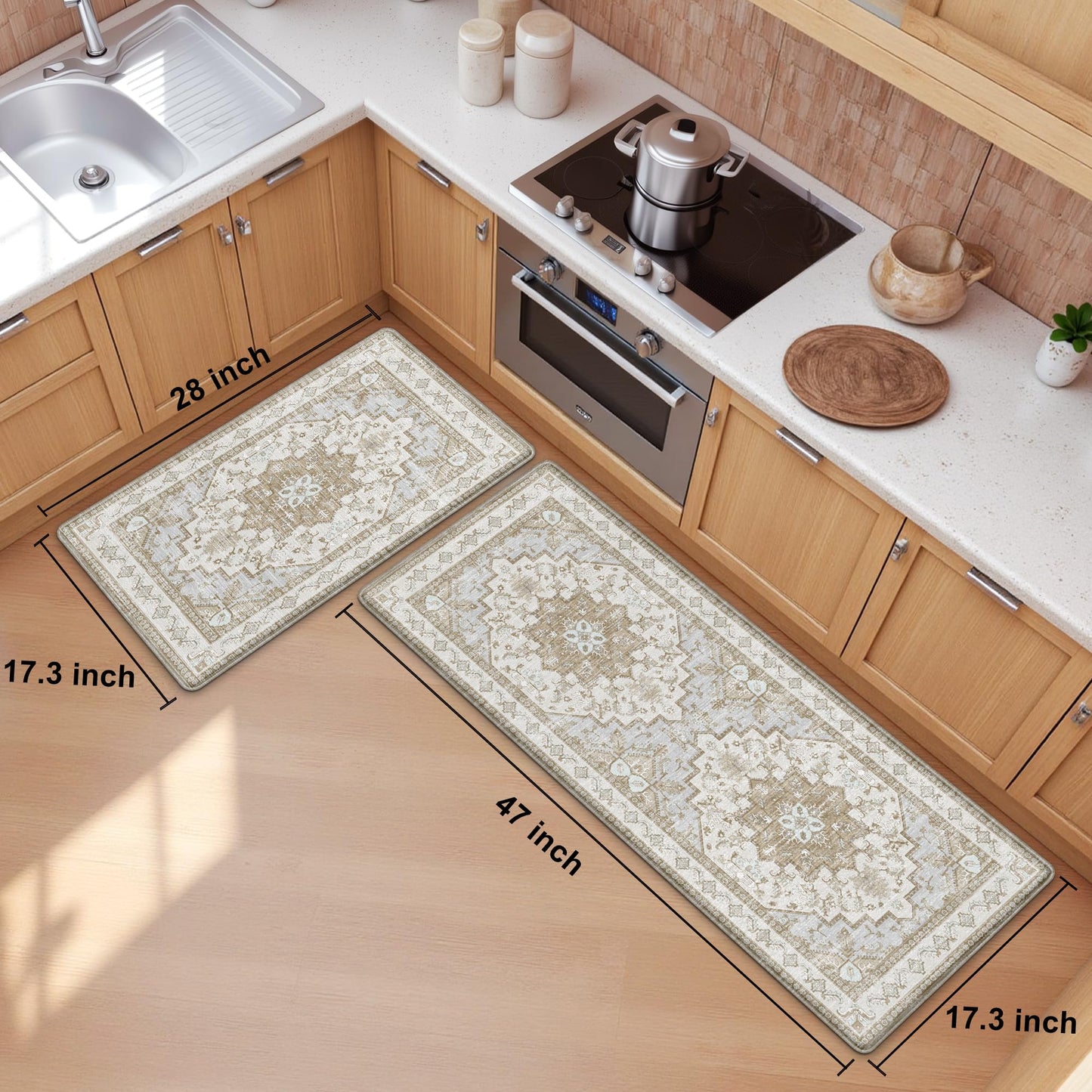 Boho Kitchen Mats for Floor 2 Piece Set Anti Fatigue Cushioned PVC Kitchen Rugs Non Slip Waterproof