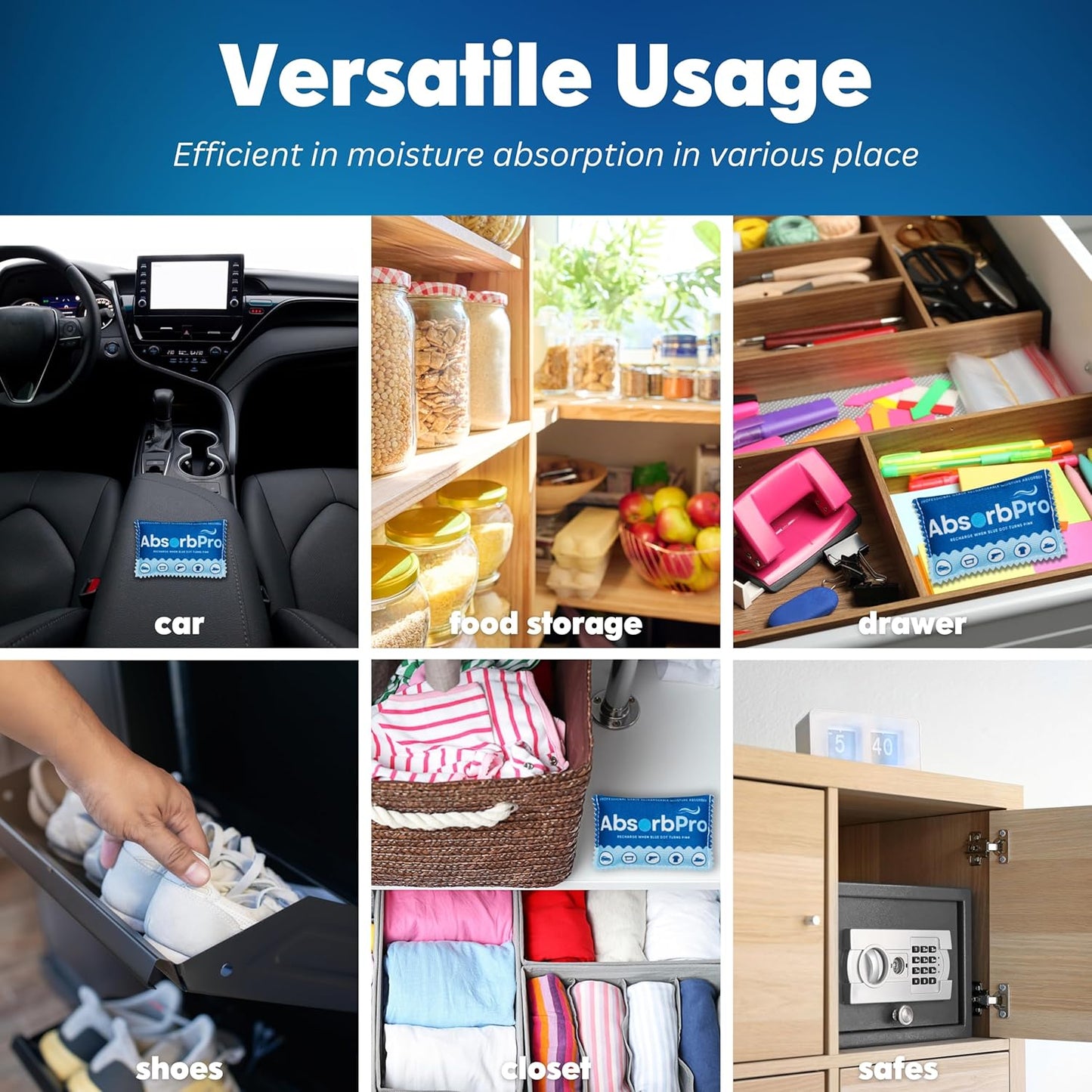 Rechargeable Dehumidifier Bag 10-Pack - 100g Reusable Moisture Absorbers - Silica Gel Packets for Bins, Totes, Gun Safe, Food Storage, Clothes, Cars, and Boats