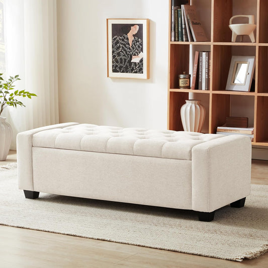 48" Ottoman with Storage, Storage Ottoman Bench with Safety Hinge, Upholstered Entryway Bench with