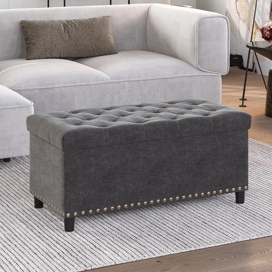 BELLEZE 35" Tufted Ottoman, Storage Bench with Safety Close Hinge, Ottoman with Storage for Living