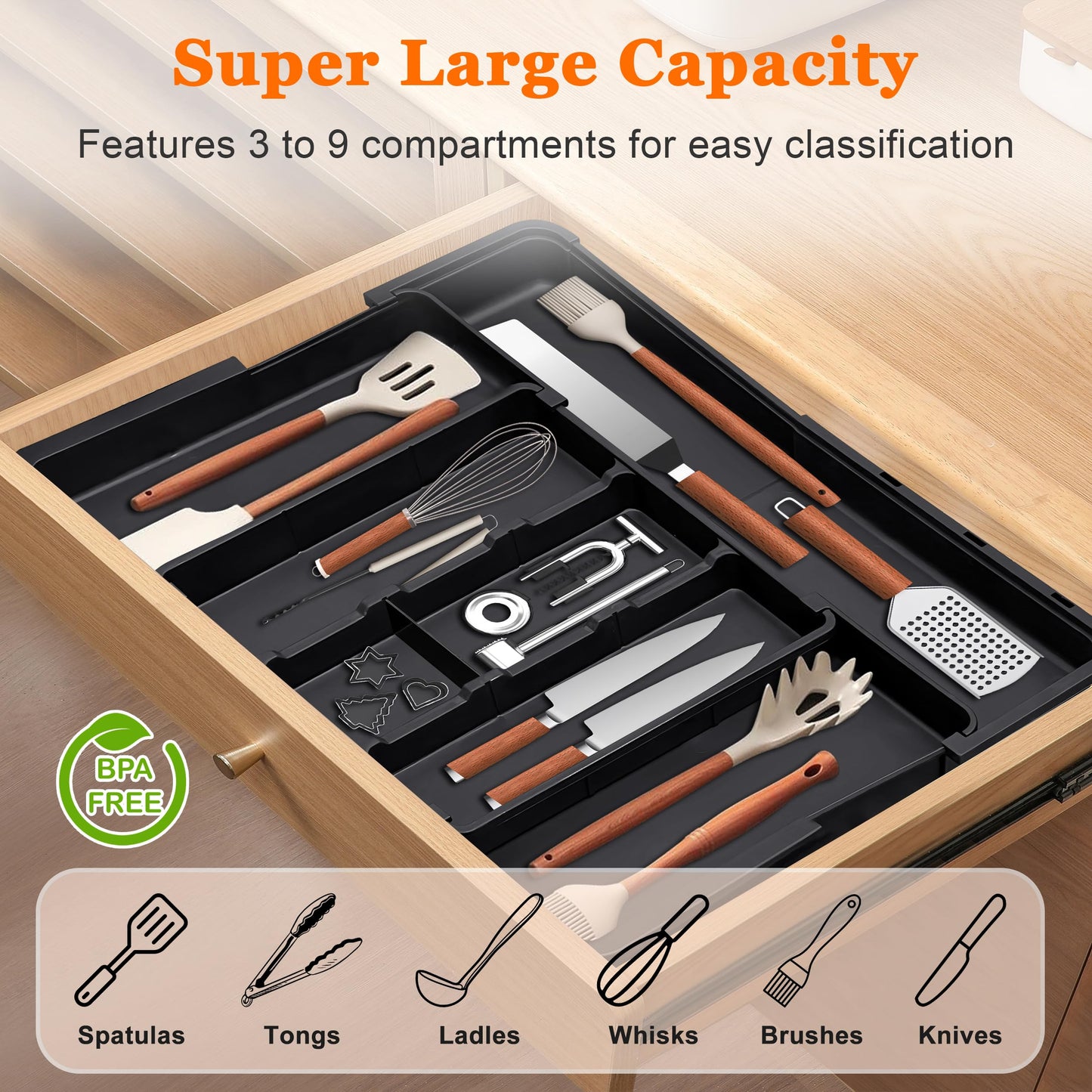 Spaclear Large Utensil Drawer Organizer Expandable Silverware Organizer for Kitchen Drawer