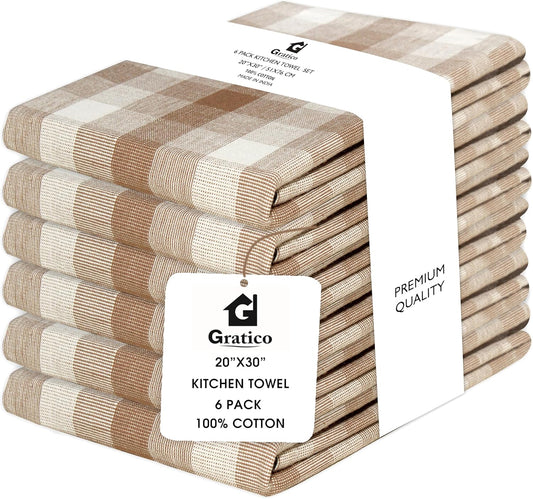 Kitchen Towels Set of 6 Brown/Ivory Checks 20x30 Inches 100% Cotton Highly Absorbent Kitchen Towels Premium Quality Ultra Soft Mitered Corners