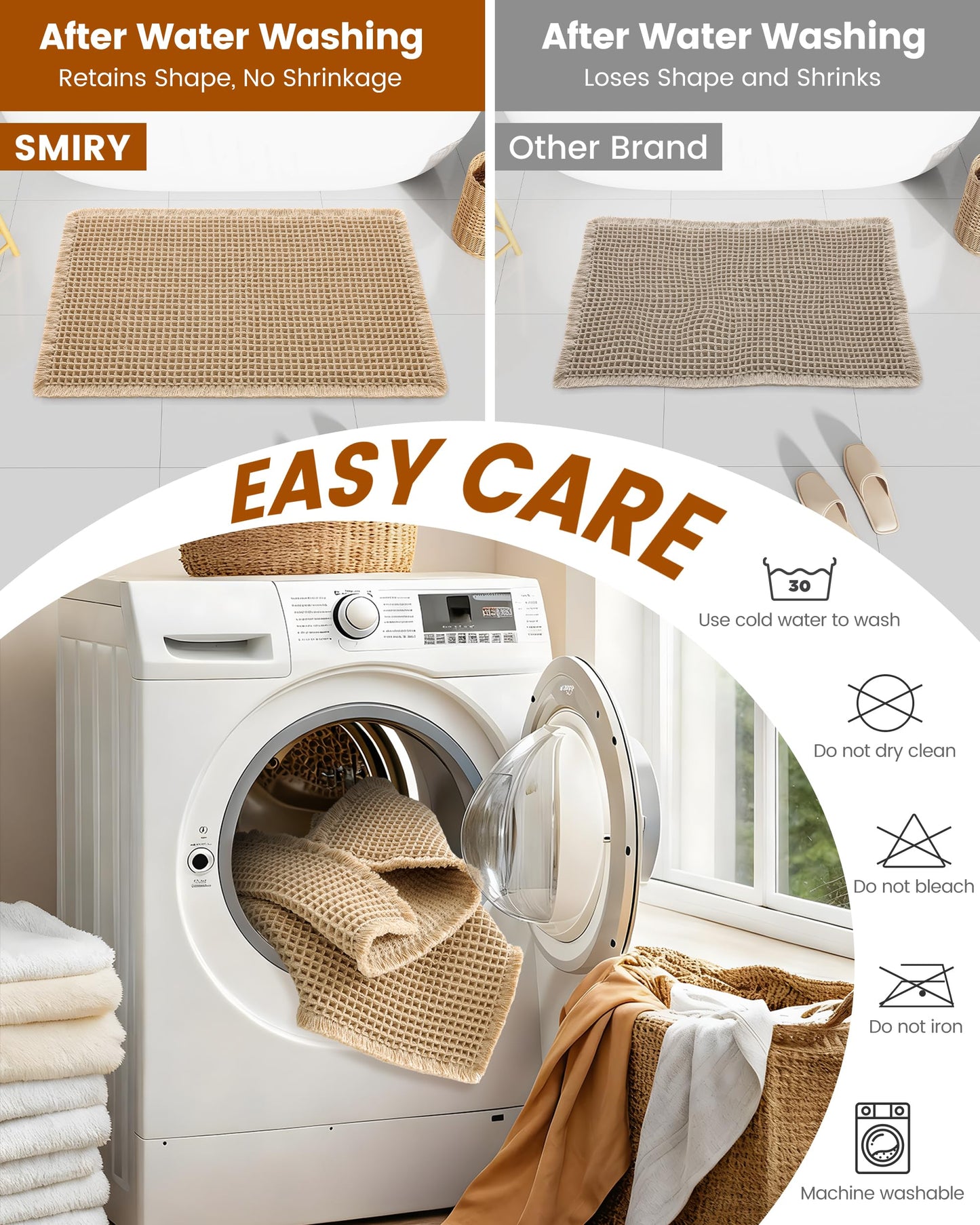 Smiry Waffle Bath Mat 30X20, Extra Soft Absorbent Bathroom Rugs, Brown