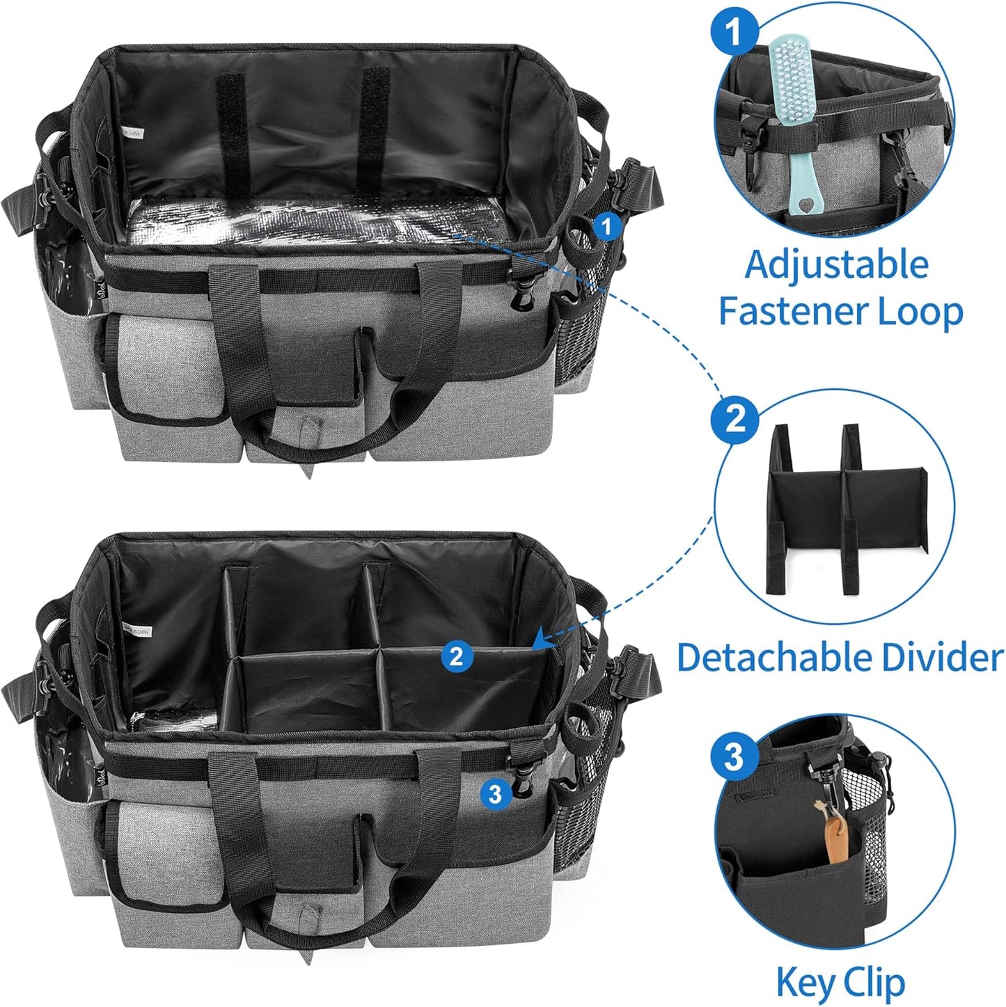 LoDrid Large Wearable Cleaning Caddy Bag with Detachable Divider, Cleaning Organizer with Handles, Cleaning Supply Tote with Adjustable Shoulder Strap for Cleaners & Housekeepers, Grey