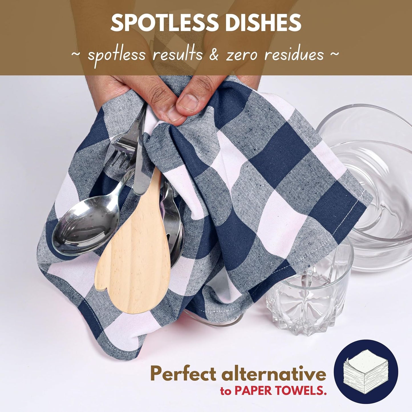 Native Fab 4-Pack Kitchen Towel with Hanging Loop 16x26 inches, Cotton Buffalo Check Kitchen Towels for Cleaning Drying, Washcloths Soft & Absorbent Cloth Rags, Bar Towel, Dish Cloth, Navy