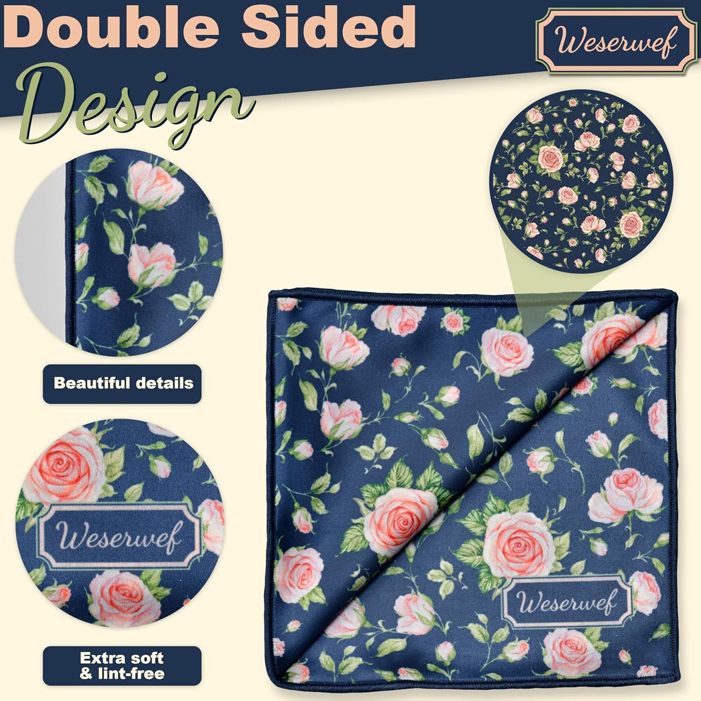 WESERWEF Design Microfiber Glasses Cleaning Cloth – Premium Cleaning Cloth for Eyeglasses, Screens, Tablets, Cameras & Lenses, 12" x 12", Ultra-Soft & Scratch-Free (Rose)