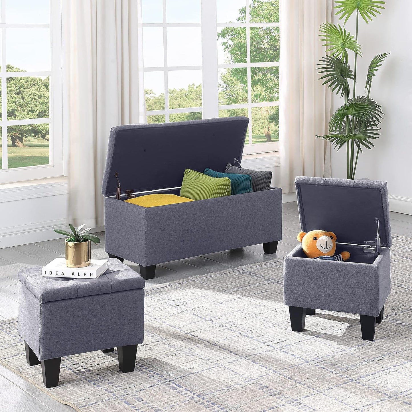 Hinged Storage Ottoman Set of 3, 38'' Living Room Storage Bench with Thick Seating, 2pcs Small Square Dorm Stool Couch Side Foot Rest