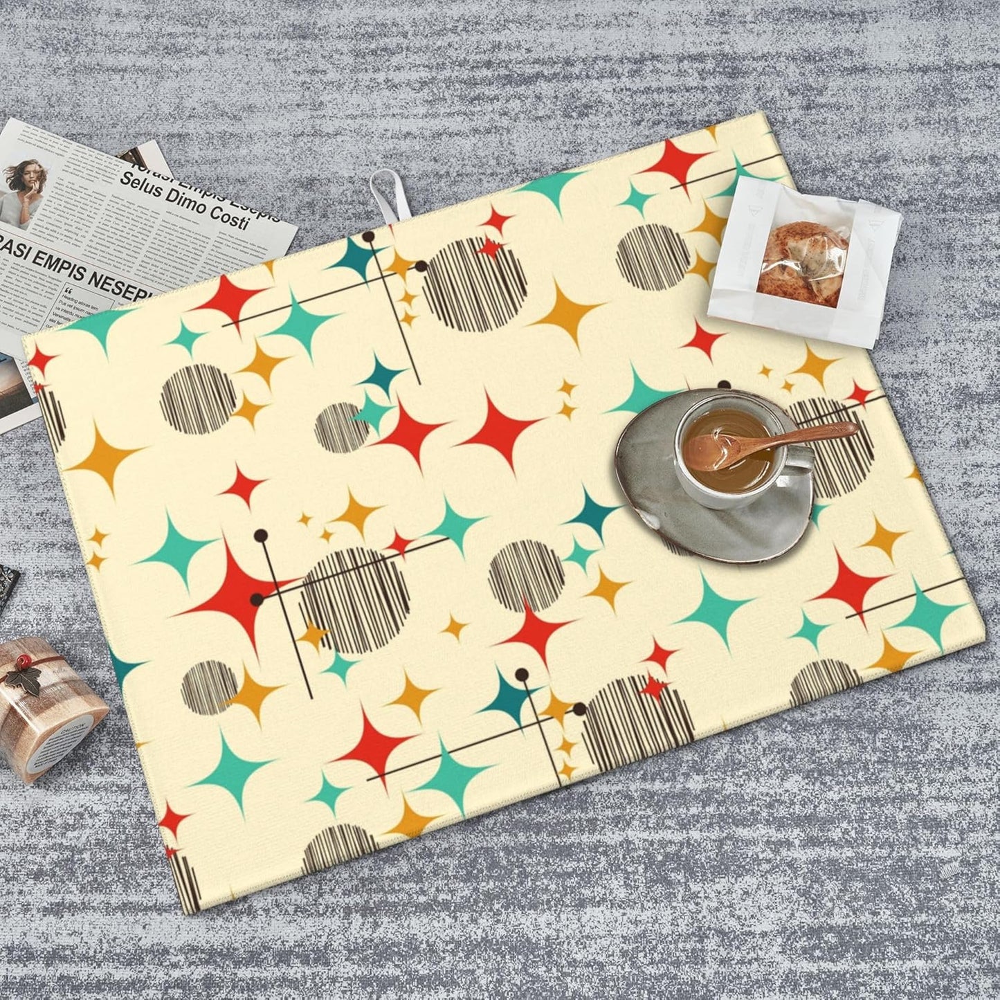 Mid Century Modern Atomic Retro Microfiber Dish Drying Mat for Kitchen Counter 18"x24" Yellow Dishes Pad Dish Drainer Rack Mats Absorbent Washable Reusable Kitchen Home Holiday Decor