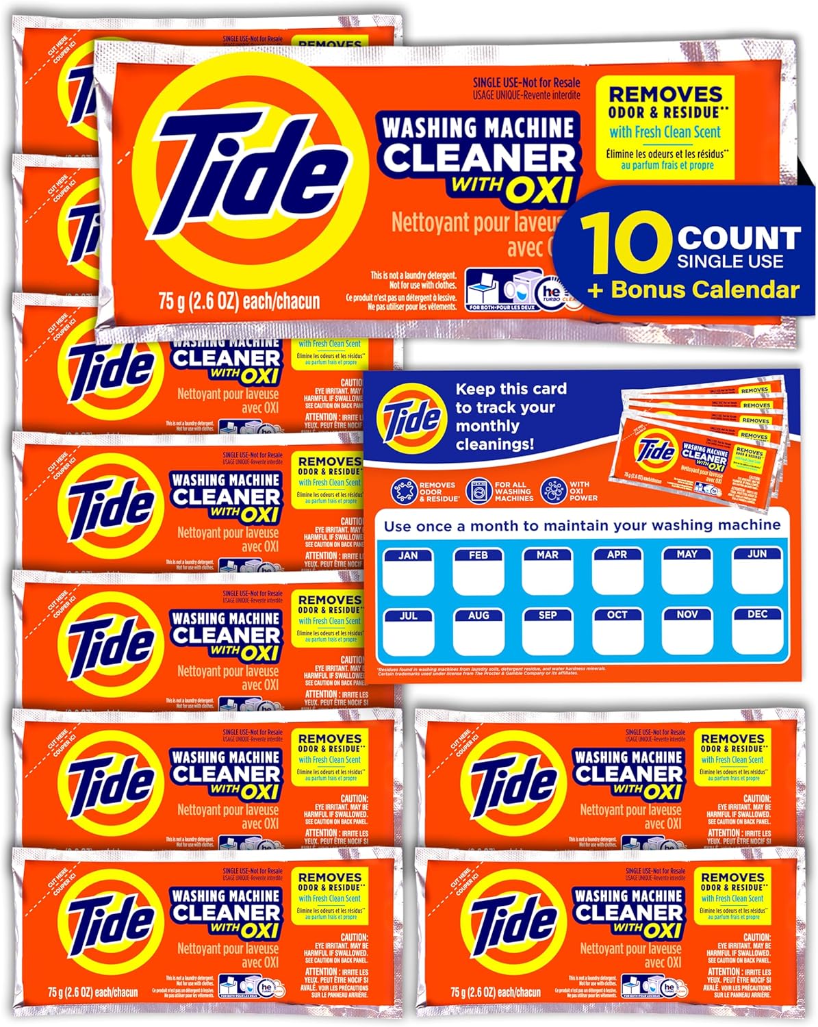 Tide Washing Machine Cleaner, Washer Machine Cleaner with Oxi for Front and Top Loader Washer Machines, Deep Cleaning Residue & Odor Eliminator, 10 Month Supply + Calendar