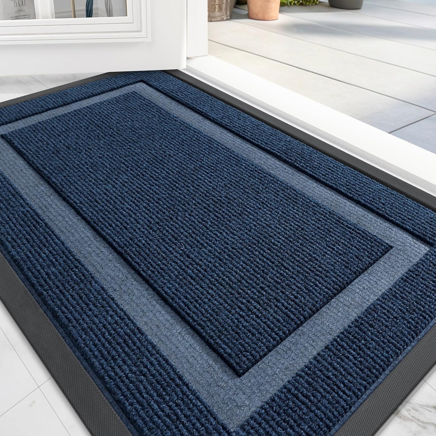 OLANLY Front Door Mat Indoor Outdoor Entrance, Waterproof All-Season, All-Weather Doormat, Sturdy Natural Rubber, Fade Resistant, Low Profile, Easy Clean Patio Porch Entryway Mat, 29.5x17, Blue