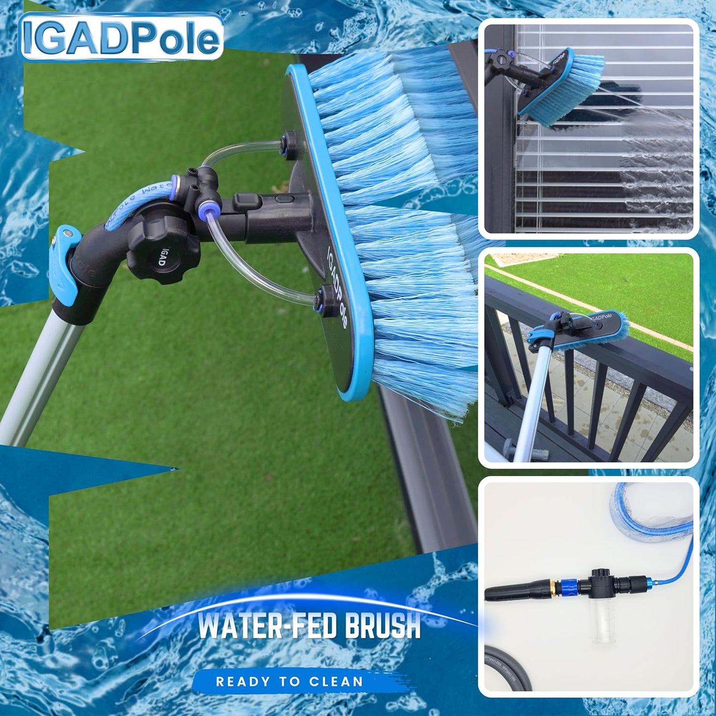 24ft IGADPole Washing Kit: Water-fed Brush, Cobweb Duster and 10” Squeegee and Soap Dispenser, with 6-Stage Telescoping Pole 5-24ft Pole
