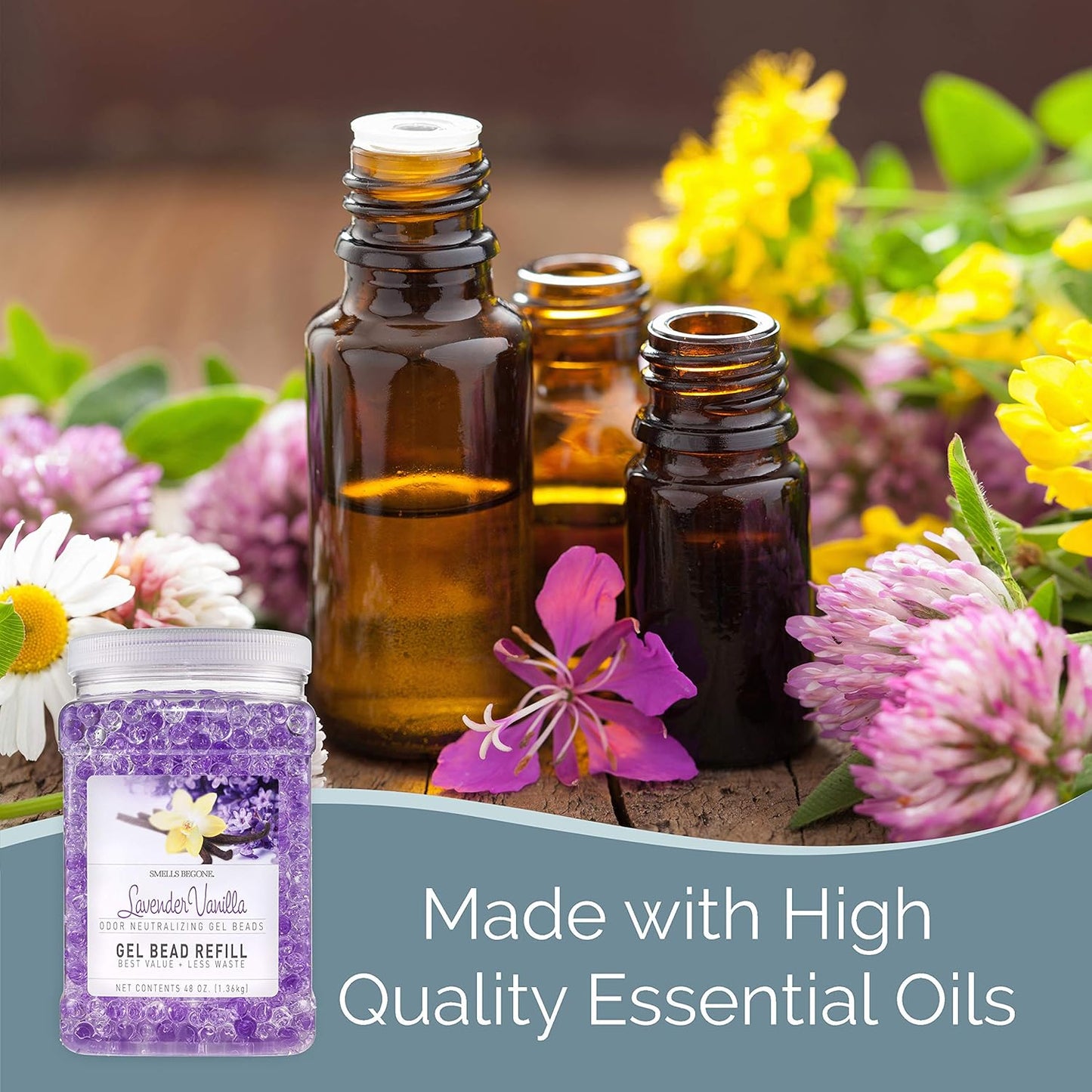 SMELLS BEGONE 48 oz Odor Eliminator Gel Bead Refill - Eliminates Odor from Bathrooms, Boats, Cars, RVs & Pet Areas - Made with Essential Oils - Lavender Vanilla Scent