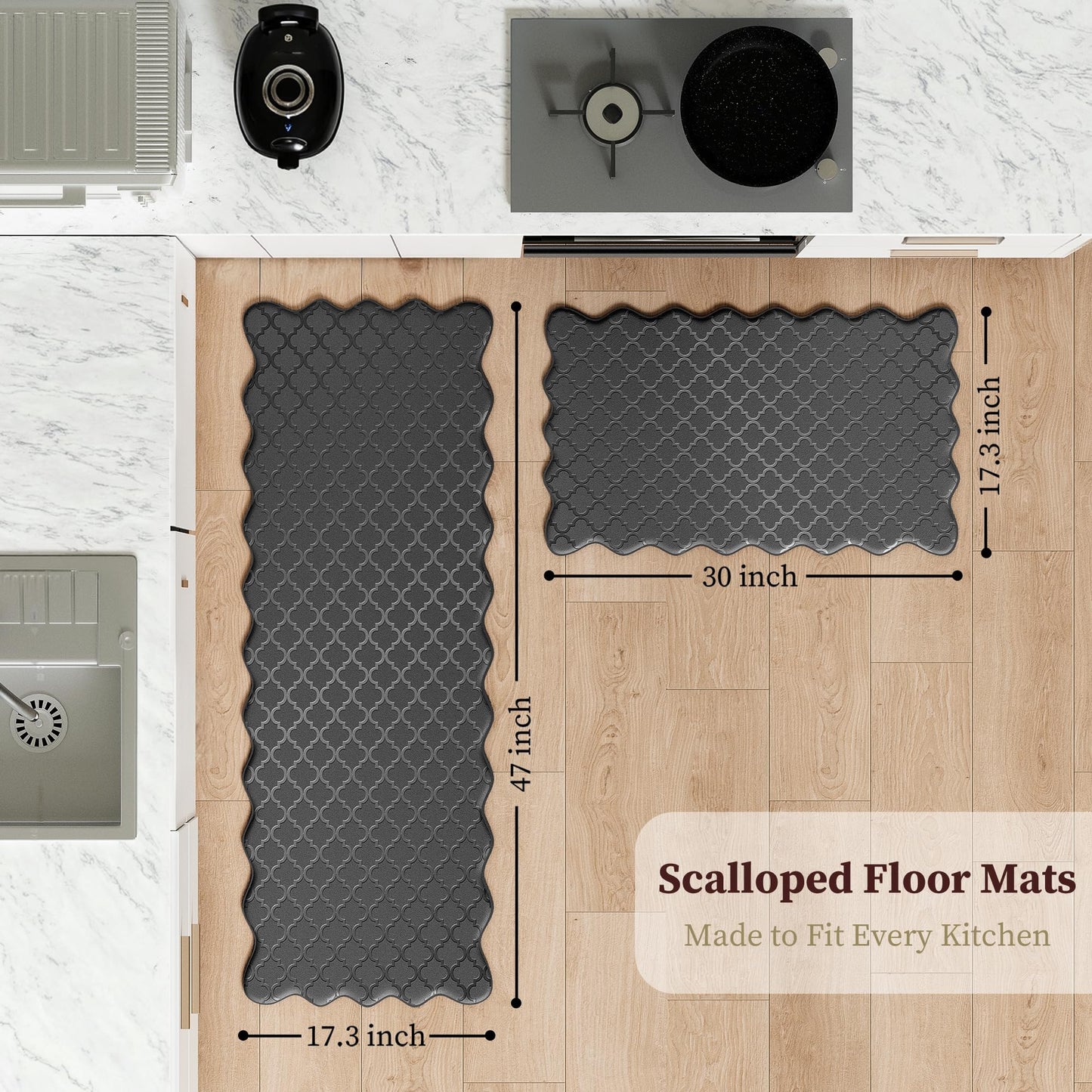 Arenarug Upgrade Scalloped Kitchen Mats for Floor 2PC, Black Kitchen Rugs