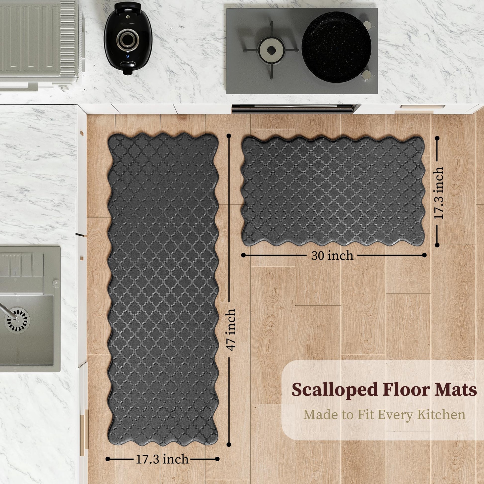 Arenarug Upgrade Scalloped Kitchen Mats for Floor 2PC, Black Kitchen Rugs