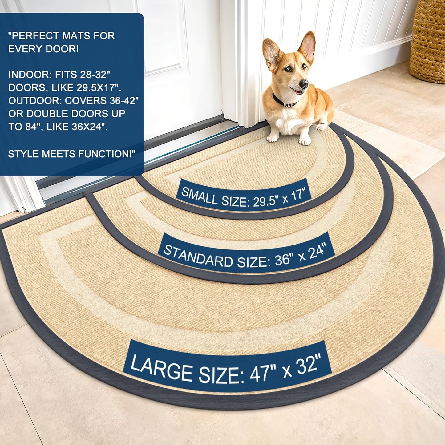 OLANLY Half Circle Door Mat Indoor Outdoor Entrance Welcome, Waterproof All-Season, All-Weather Doormat, Sturdy Natural Rubber, Low Profile, Easy Clean Patio Porch Entryway Mat, 36x24, Beige