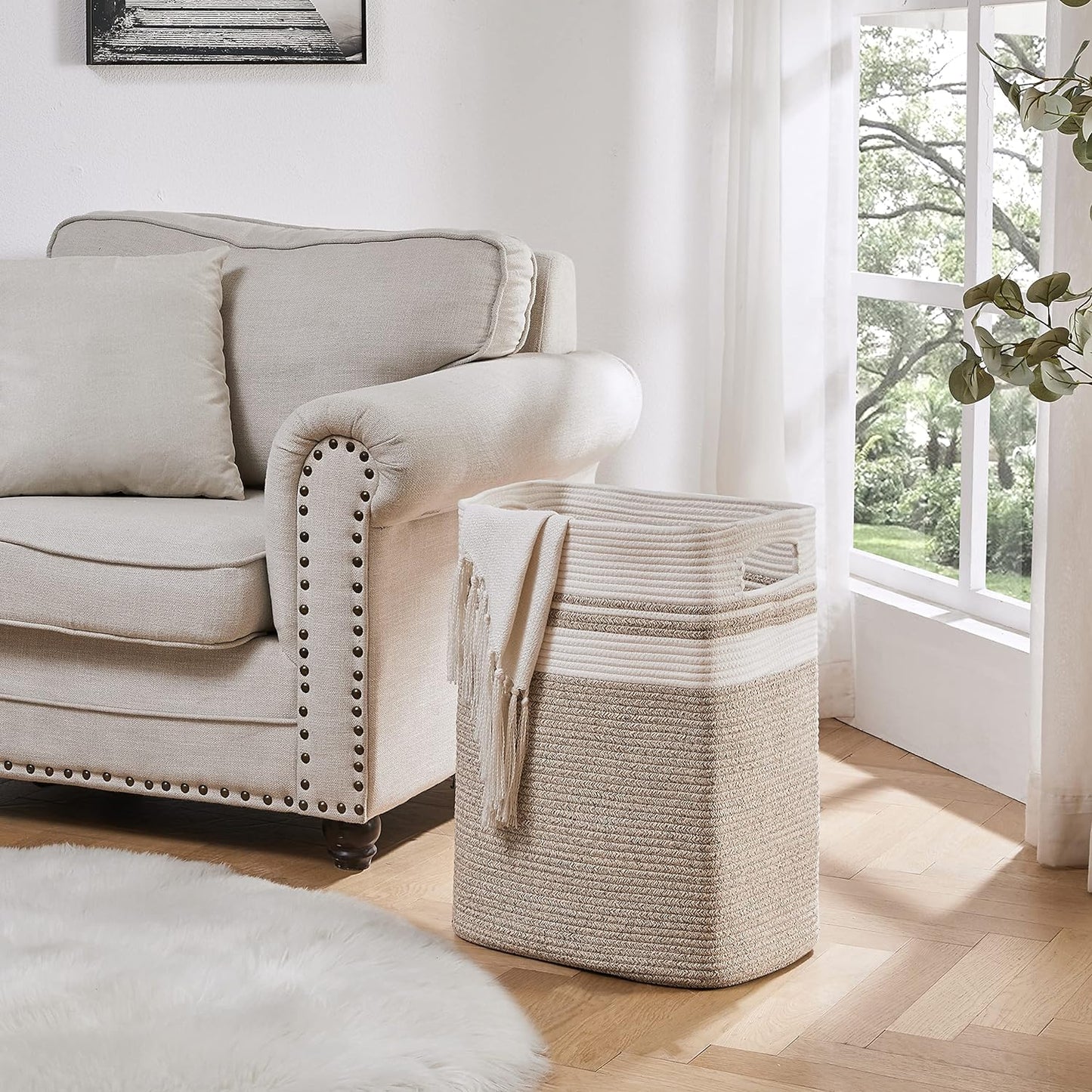 OIAHOMY Laundry Hamper-Laundry Basket,Tall Cotton Storage Basket with Handles,Decorative Blanket Basket for Living room,Collapsible Large Basket for Toys,Pillows,Clothes-16x13x22in-Yellow variegated