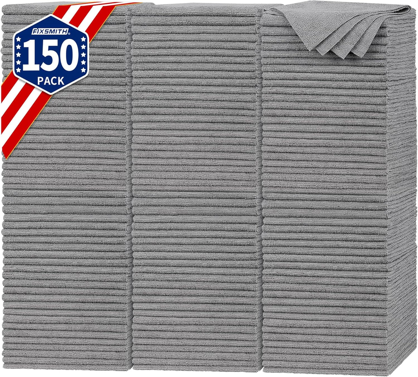 FIXSMITH Shop Towels, Pack of 150, Grey Microfiber Cleaning Cloth Bulk, Microfiber Towels for Cars, All-Purpose Absorbent Cleaning Rags, Dust Cloth for Automotive, Mechanic, Garage, 11.5 x 11.5 inch