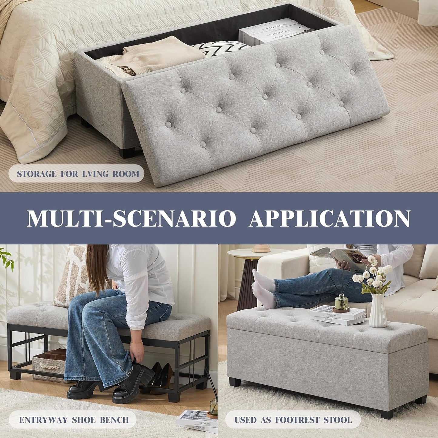 43’’ Storage Ottoman Bench, Linen Entryway Benches Load up to 660 Lb, Modern End of Bed Benches for Bedroom, Ottoman with Storage Bench for Living Room, Light Gray