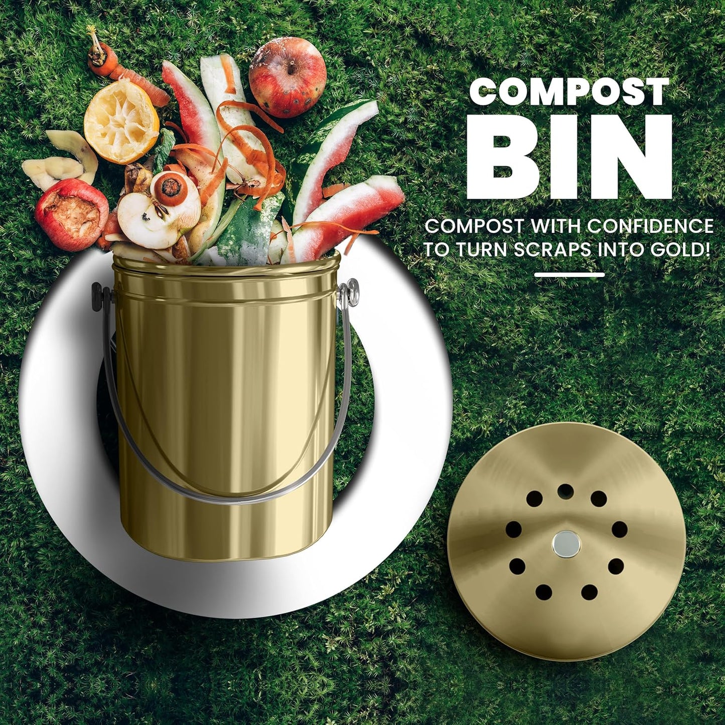 Utopia Kitchen Compost Bin for Kitchen Countertop - 1.3 Gallon Compost Bucket for Kitchen with Lid - Includes 1 Spare Charcoal Filter (Gold)