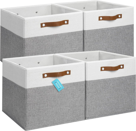 OrganiHaus 13x13 Cube Fabric Storage Bins Set of 4, Fabric Storage Cubes w/ Vegan Handles, 13 inch Collapsible Bins for Clothes & Toys Organizer, Cubbies Organizer, 13x13 Basket for Decor - Grey/White