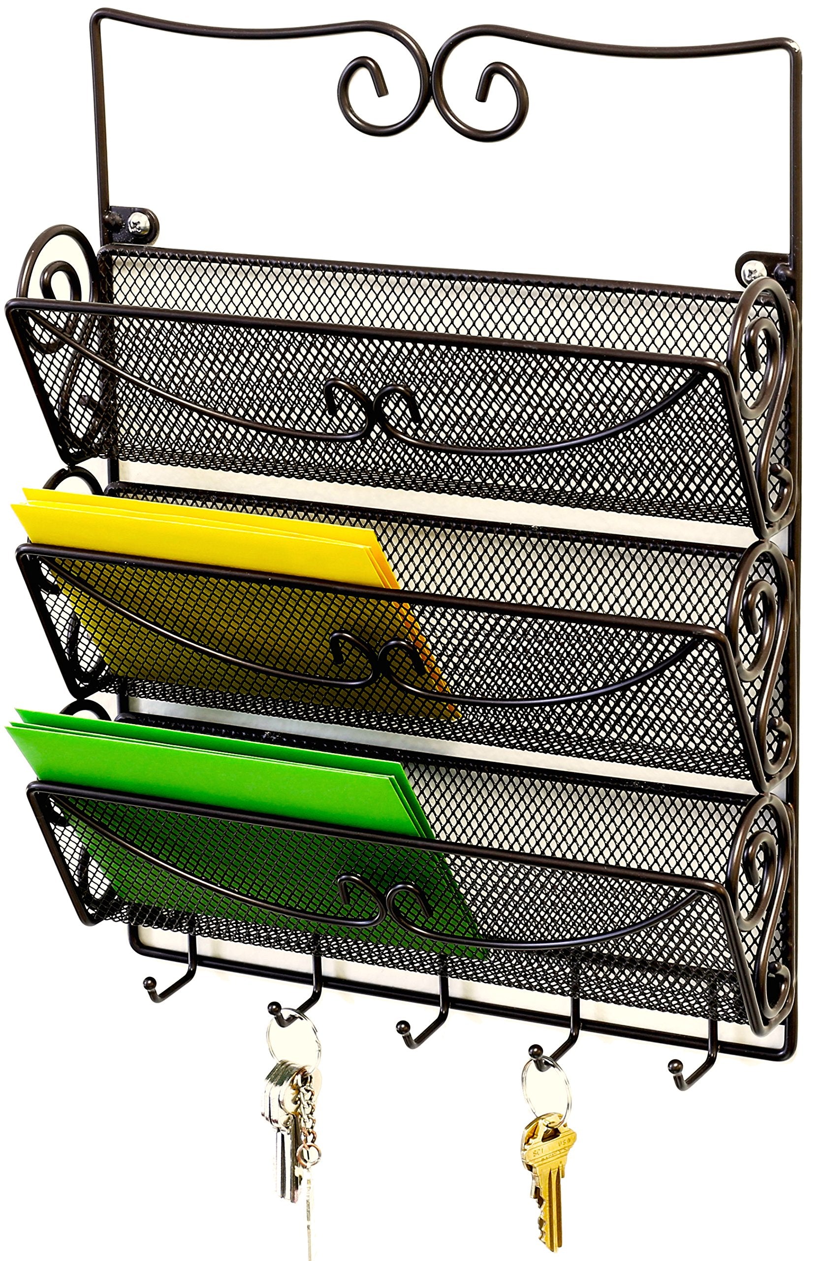 Deco Brothers Wall Mail Organizer with 5 Key Holder, 3 Tier, Bronze