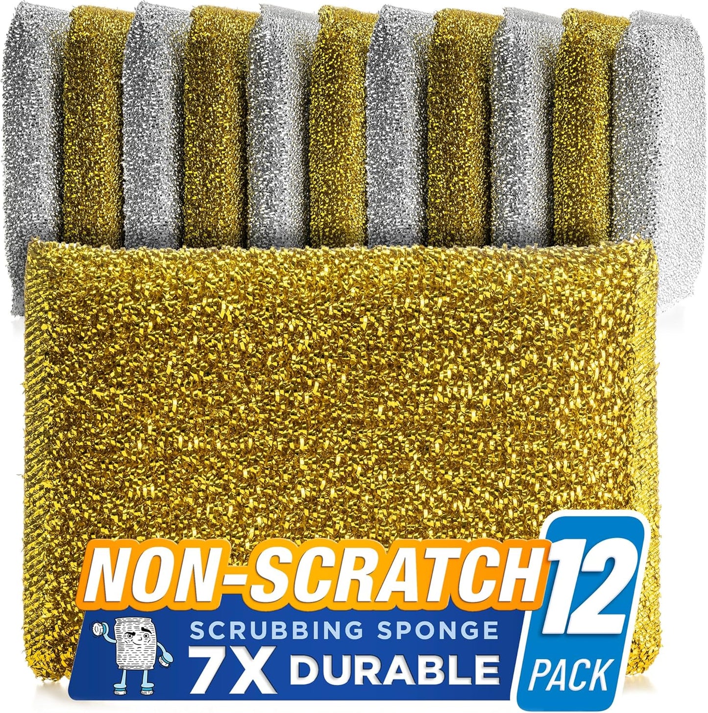 SPONGENATOR Kitchen Scrubbing Sponges - Heavy Duty Non-Scratch Scrubbing Cleaner Sponges in 2 Colors - Multi-Surface Non-Metal Dish Scouring Scrubbers for Fast Cleaning (Gold & Silver, 12)