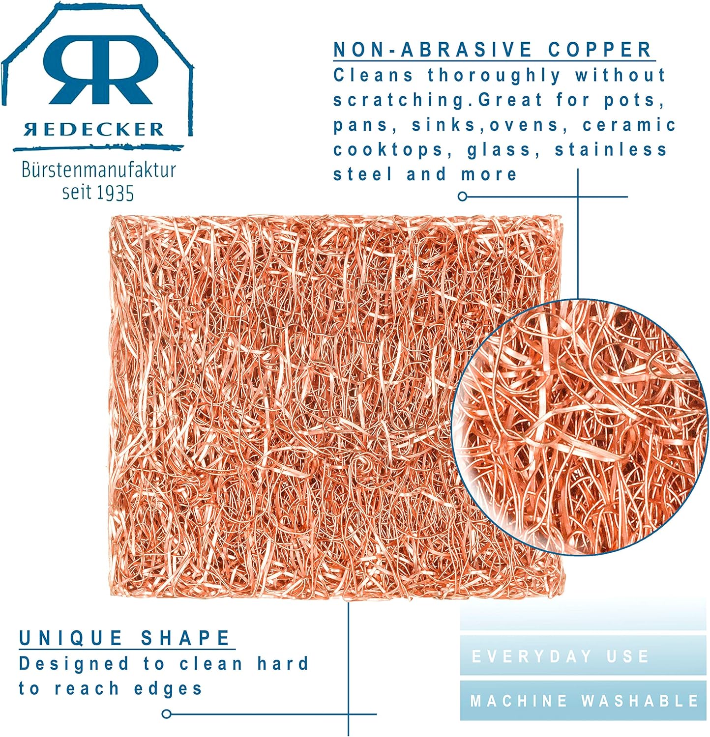 Redecker Copper Thread Mini Scrubber, 2 x 1-5/8 inches, Non-Abrasive Scouring Pad, Scrubber for Cleaning Small Areas, Surfaces, Edges, and Hard to Reach Corners, Made in Netherlands