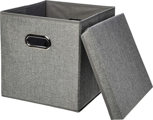 Amazon Basics Foldable Burlap Cloth Cube Storage Bin with Lid, Stackable and Sturdy, Gray, Set of 2