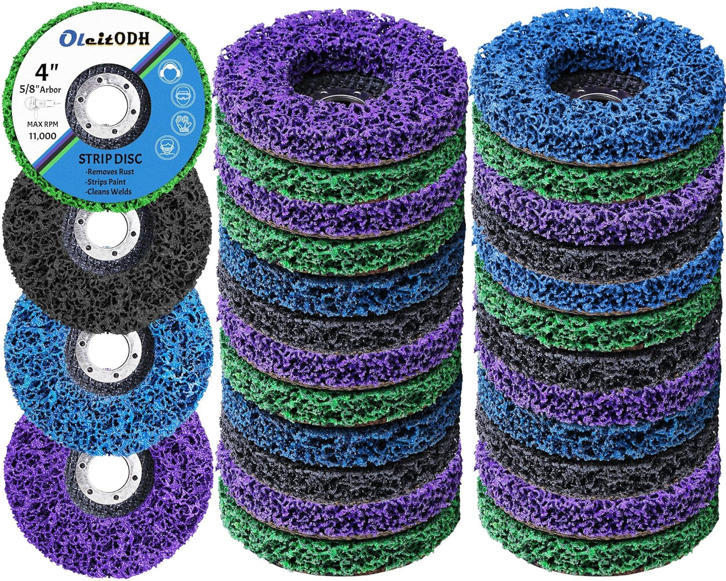 20 Pcs 4" x 5/8" Strip Discs Bulk, Paint Stripping and Rust Removal Wheels for Angle Grinders, Abrasive Grinding Discs for Metal, Wood, and Fiberglass, Blue+ Purple+ Green+ Black