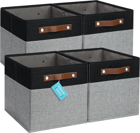 OrganiHaus 11x11 Cube Storage Bins - Set of 4, Fabric Cubby Bins with Vegan Handles, Square Storage Cubes in Gray/Black
