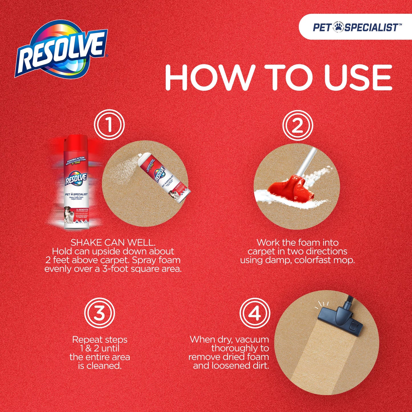 Resolve Pet Specialist Heavy Traffic Foam Carpet Cleaner, Pet Stain & Odor Remover, 22 oz Cans, 2