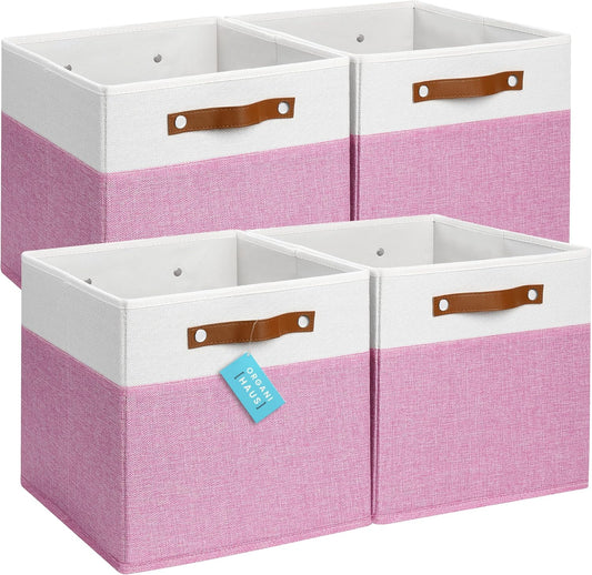 OrganiHaus 12x12 Fabric Storage Bins - Set of 4, Cube Fabric Organizer Bins with Vegan Handles, Kallax Storage Cubes, Cubbies Organizer Boxes, 12Inch Cubic Baskets for Shelves - Pink/White