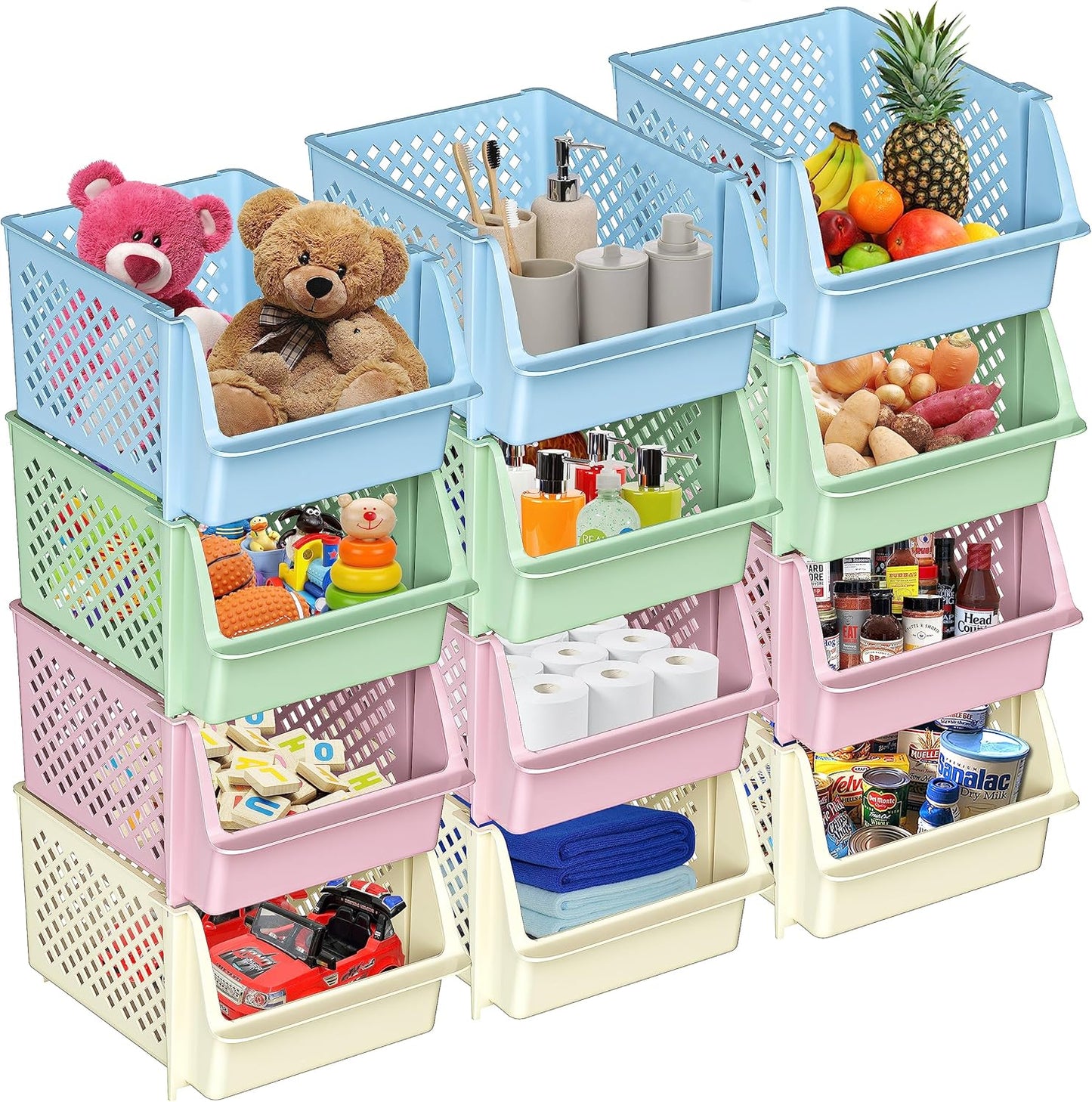Skywin Plastic Stacking Bins Open Front for Pantry, 12-Pack Stackable Bins For Organizing Food, Kitchen, and Bathroom Essentials (Multi)